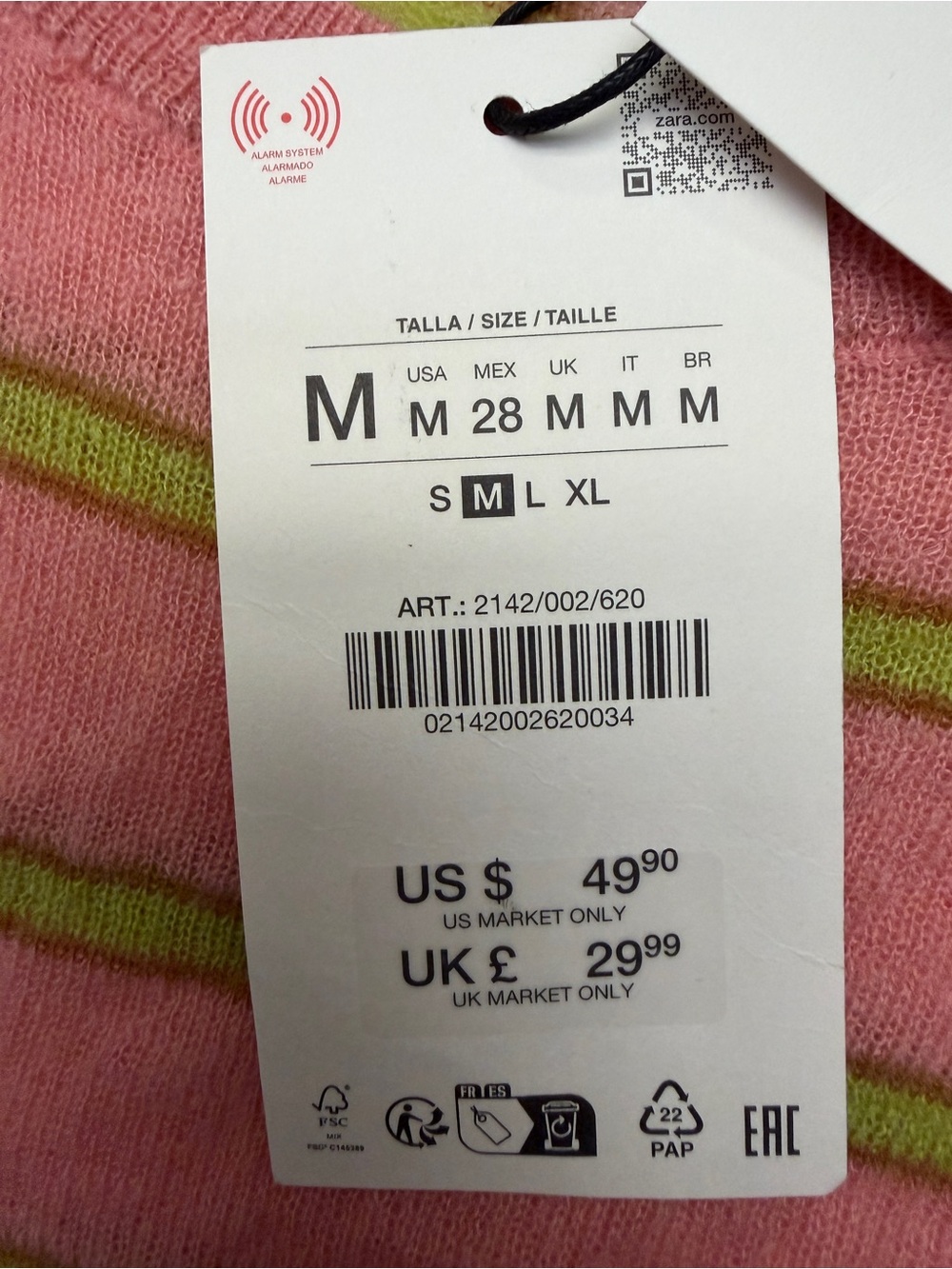 ZARA wool blend long sleeve thin sweater - pink/yellow stripes - size M - NWT - Picture 6 of 8